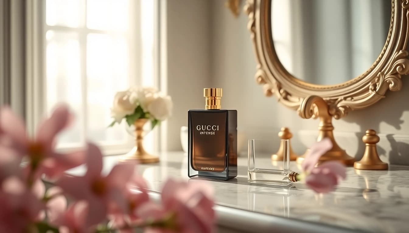 Experience the allure of Gucci Guilty Intense perfume elegantly displayed among soft flowers.