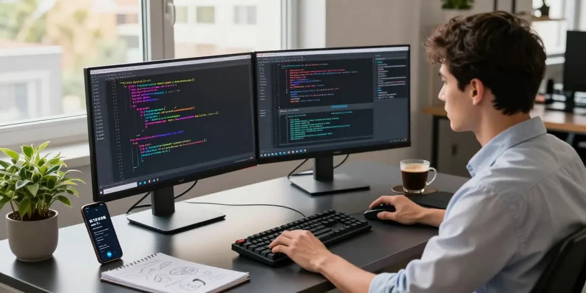 Developer working on code with Telegram 纸飞机中文版 app notifications in a high-tech workspace.