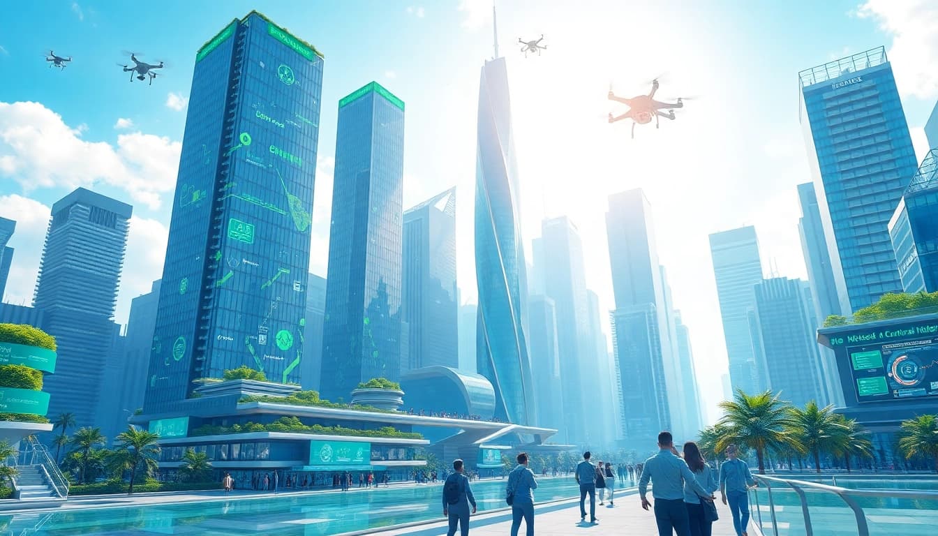Showcasing the integration of Technology in a vibrant, futuristic cityscape with green innovations.