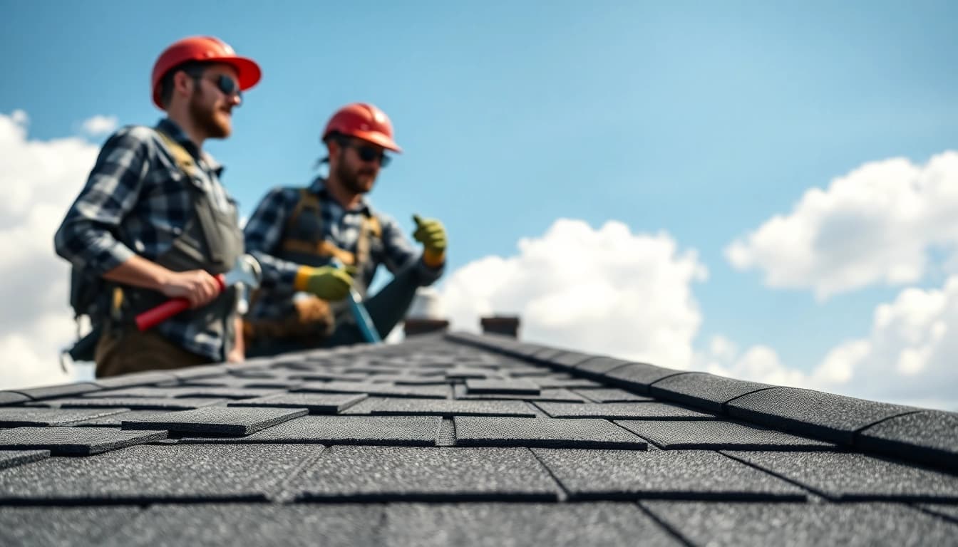 Roof repair professionals assessing roof shingles and materials during inspection.