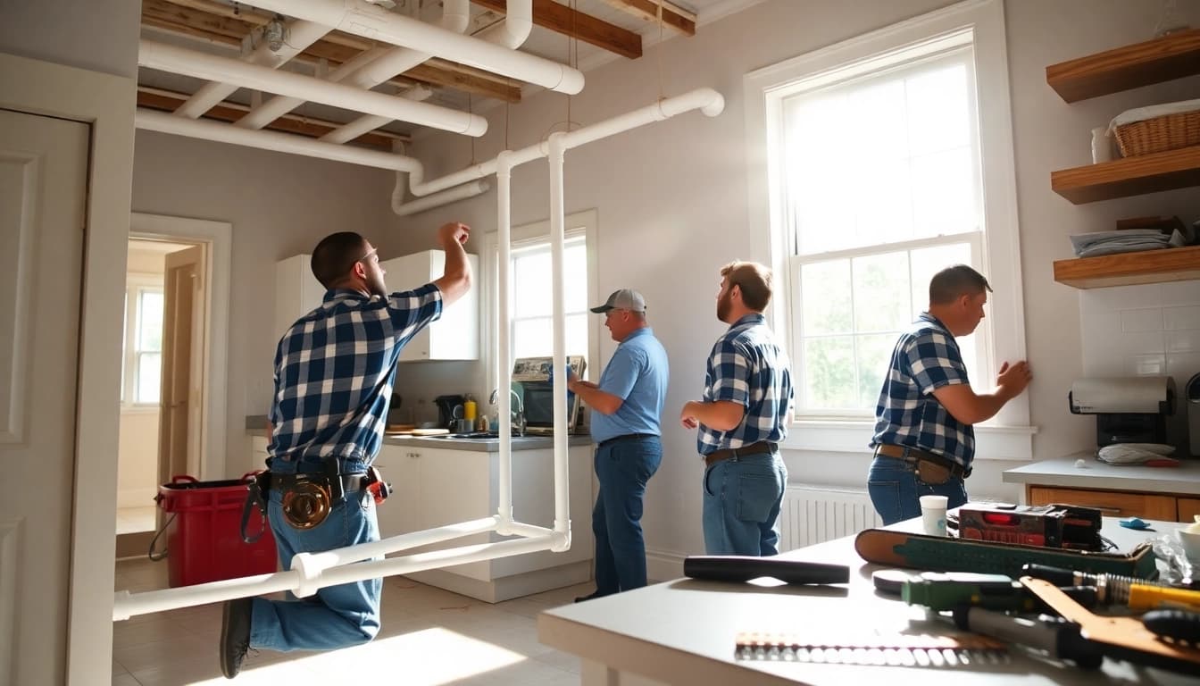 Installers performing whole house repiping services Clearwater FL in a bright kitchen.