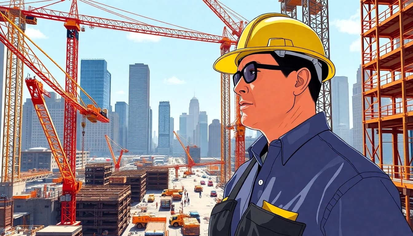 Manhattan Commercial General Contractor supervising a dynamic construction site with workers and cranes.