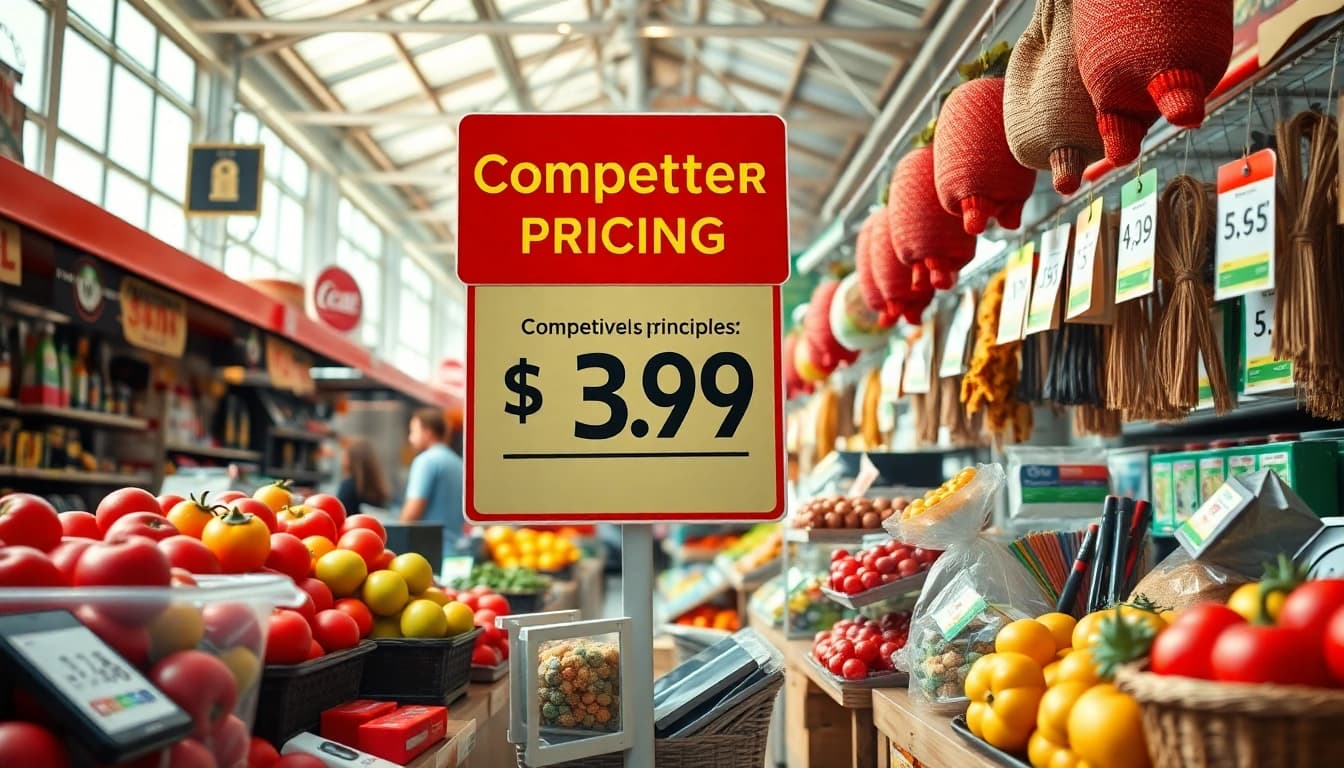 Illustration of competitor pricing strategies in a vibrant marketplace with engaging products and pricing signs.