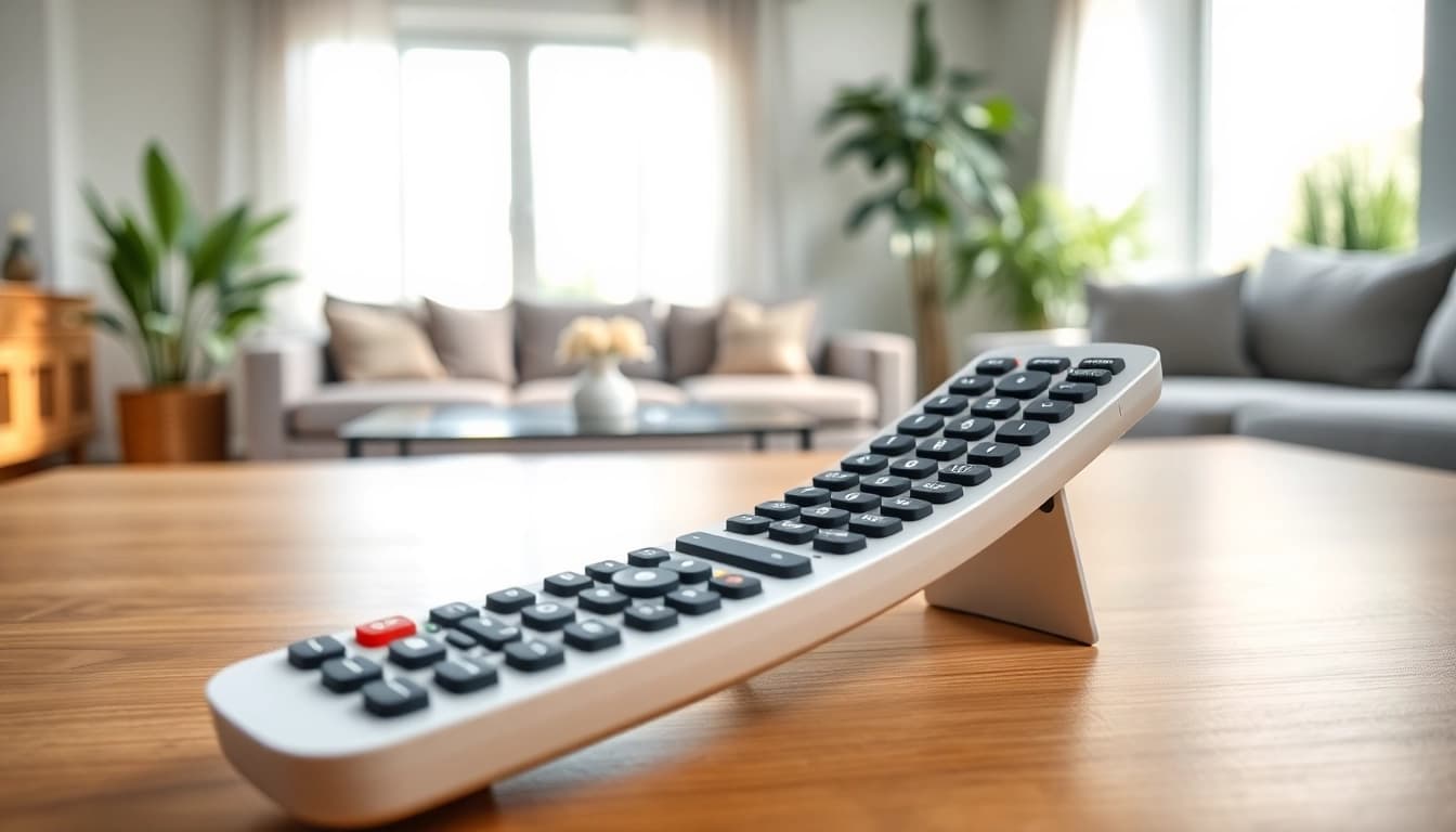 Bedienen Sie die Telefunken Fernbedienung XU in einem modernen Wohnraum.