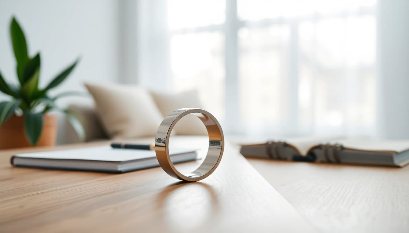 Experience the benefits of the Smart Health Ring, elegantly displayed with detailed features in a serene setting.