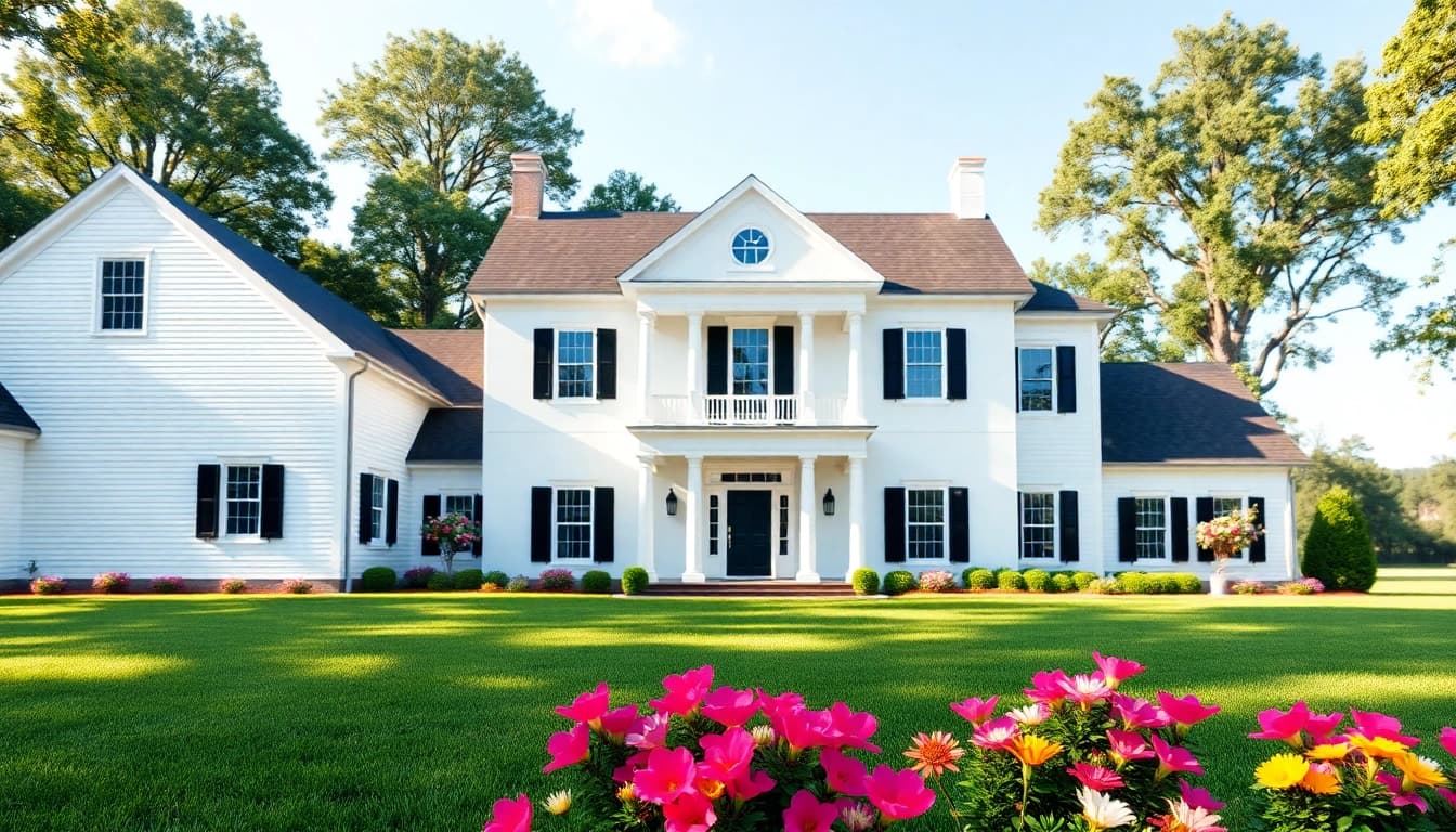 Showcasing a stunning colonial home build with white exterior, manicured lawn, and classical elements.
