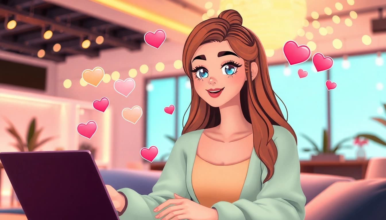 AI girlfriend character in a cozy digital chat space, vibrant and engaging.