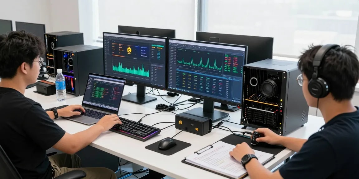 bitcoin mining company setup with advanced technology and monitoring tools in a professional workspace