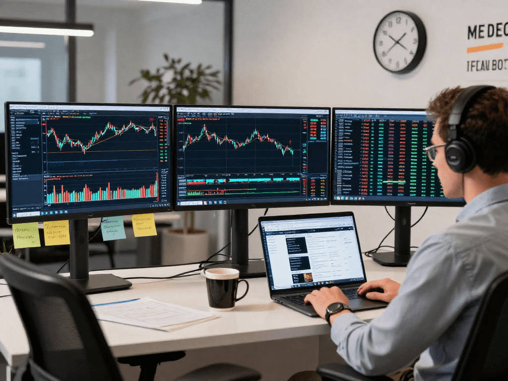 MetaTrader 5 交易平台工作空间，交易者使用多屏显示器分析市场，专业氛围营造出高效交易环境。