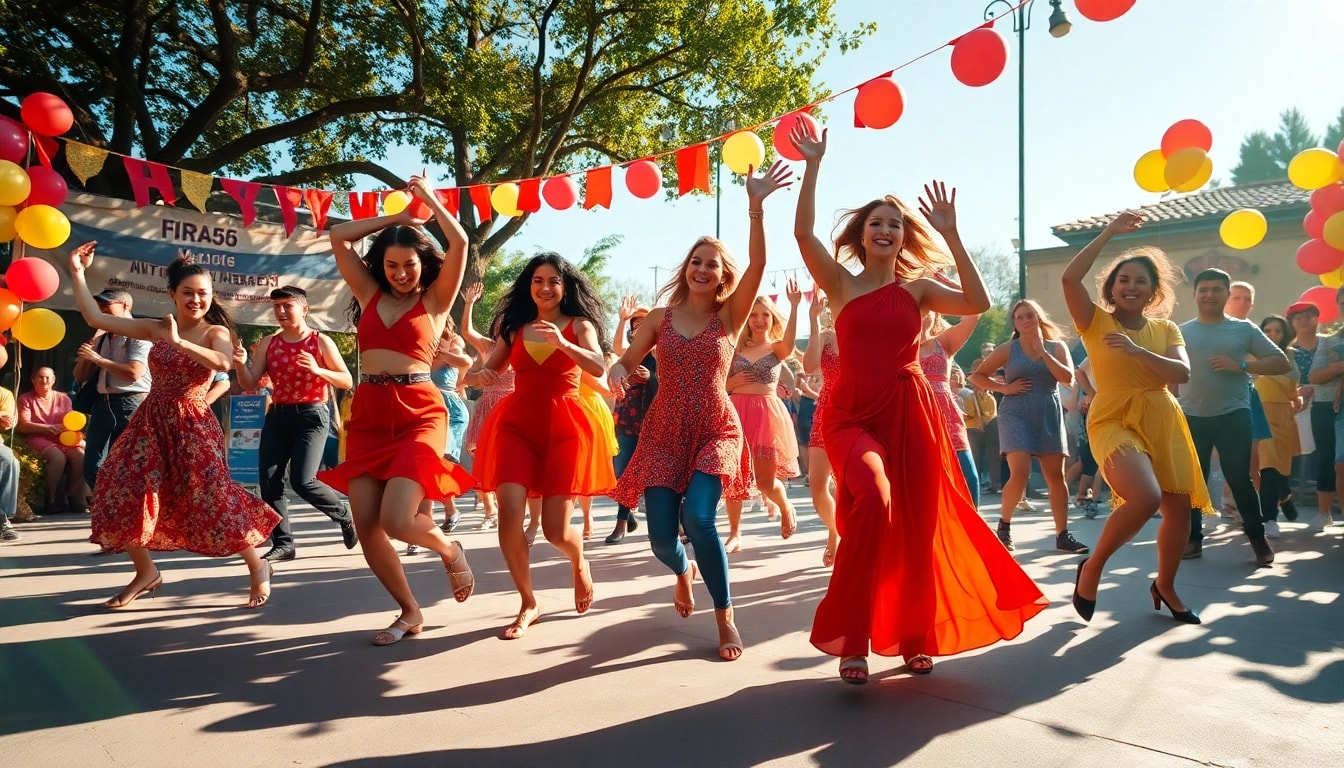 Movin and groovin dancers perform joyfully in a vibrant outdoor festival.