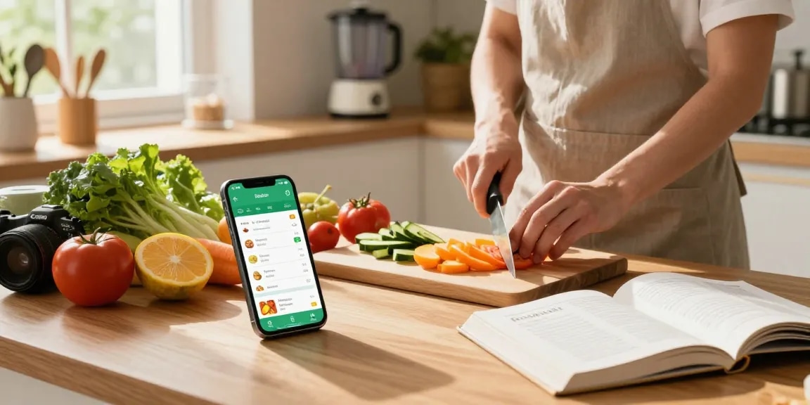 Healthy cooking scene with best nutrition tracking app on display, vibrant ingredients and warm light.