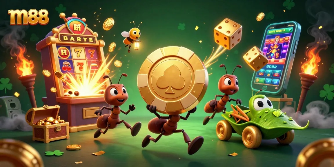 Exciting m88 scene with cartoon ants carrying a golden poker chip and vibrant casino elements.