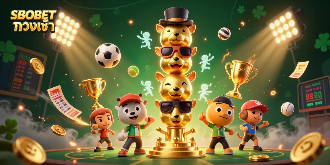 Engage with SBOBET ทางเข้า through dynamic sports-themed illustration showcasing vibrant casino elements.