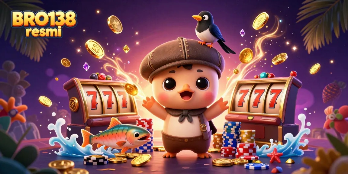 Experience thrilling wins with BRO138 resmi showcasing playful characters, slot reels, and sparkling gems.