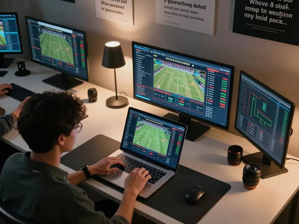 Person engaging in online sports betting at home, showcasing the manclub platform with live sports stats and modern interface.