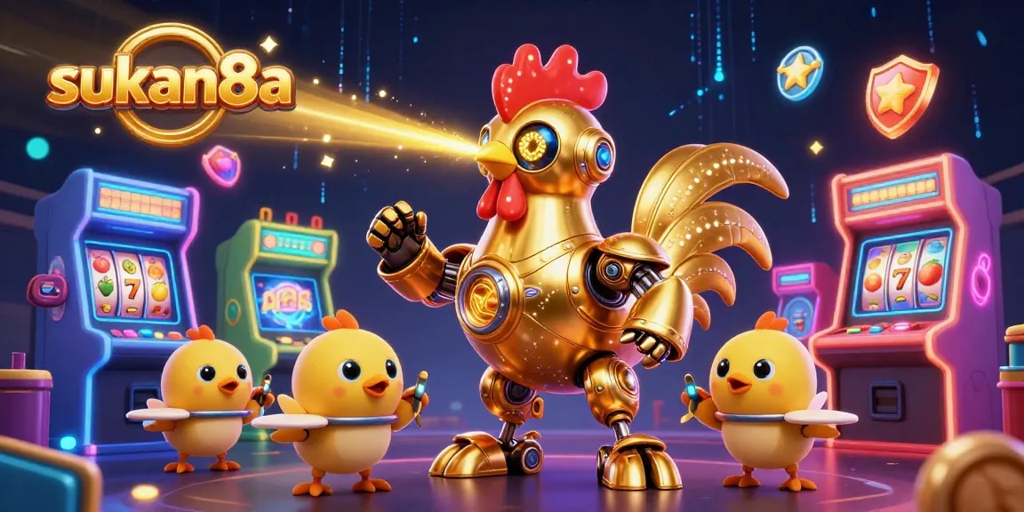Sukan8a showcases a vibrant casino scene with a retro-futuristic rooster robot and arcade games in action.
