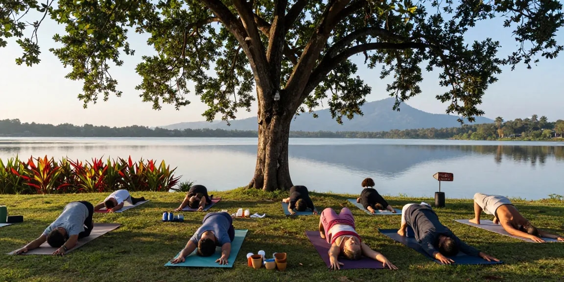 yoga retreat venue hire sri lanka with peaceful yoga practice by Koggala Lake