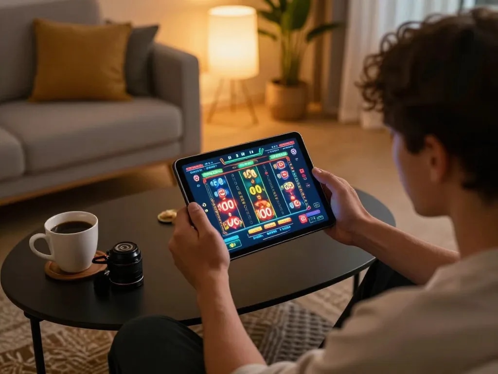 Pemain menikmati permainan slot 100 cuci di tablet dalam ruang tamu yang selesa, menampilkan pengalaman permainan dalam talian yang berwarna-warni.