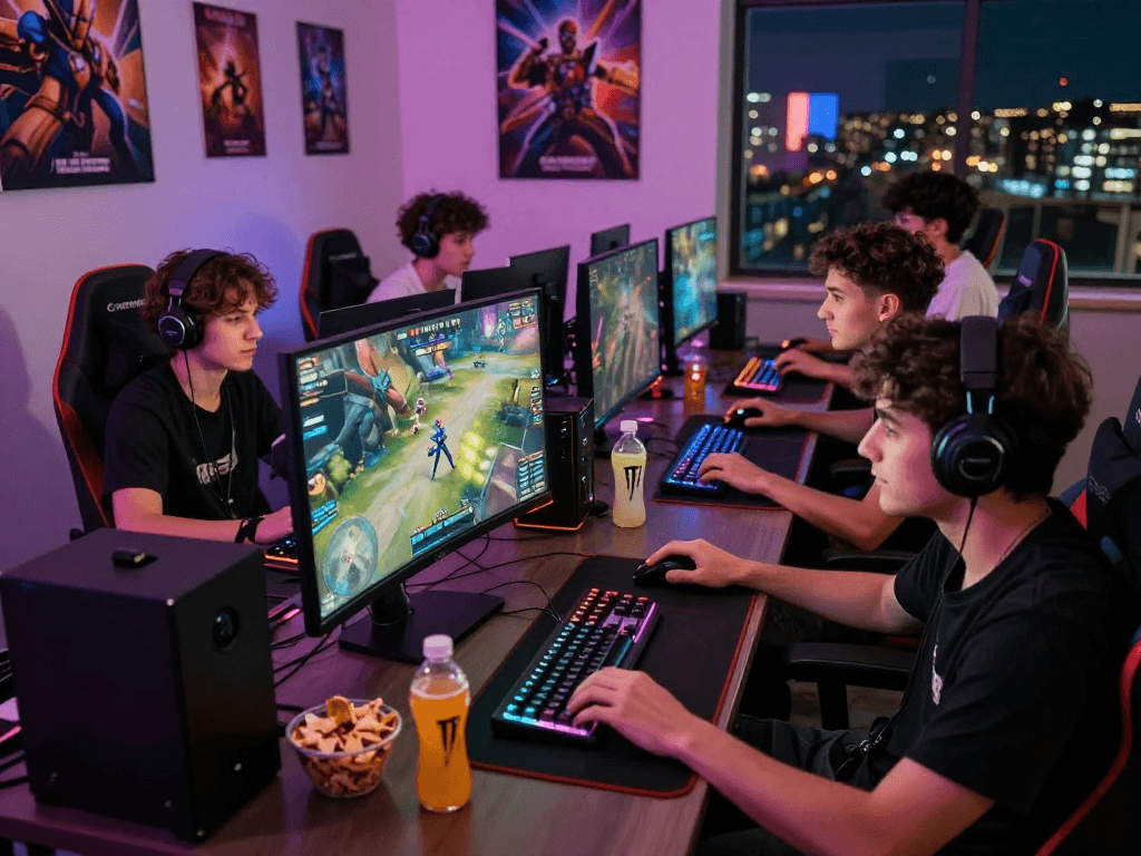 Situs raja328 gaming scene with friends competing in an esports match.