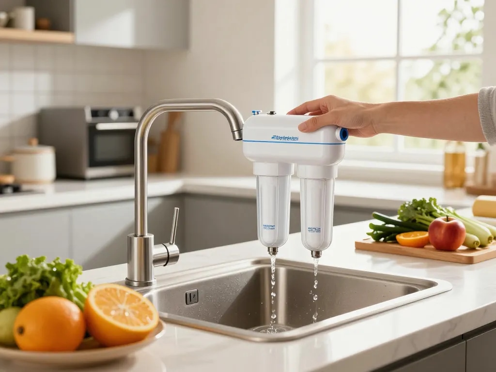 Filterlogic ADQ73613401 Refrigerator Water Filter installation in a bright kitchen, highlighting clean water.