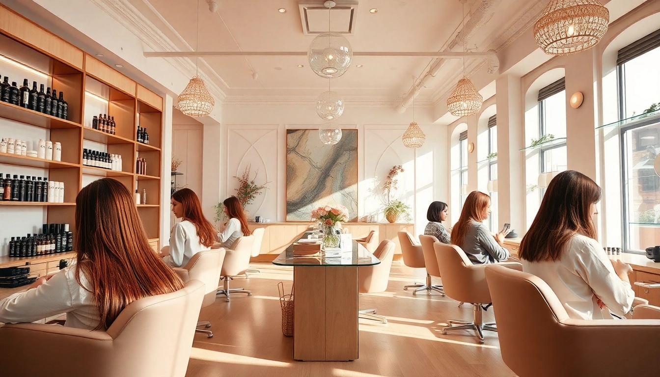 Elegant interior of addendum salon with stylists applying highlights on clients, featuring Aveda products.