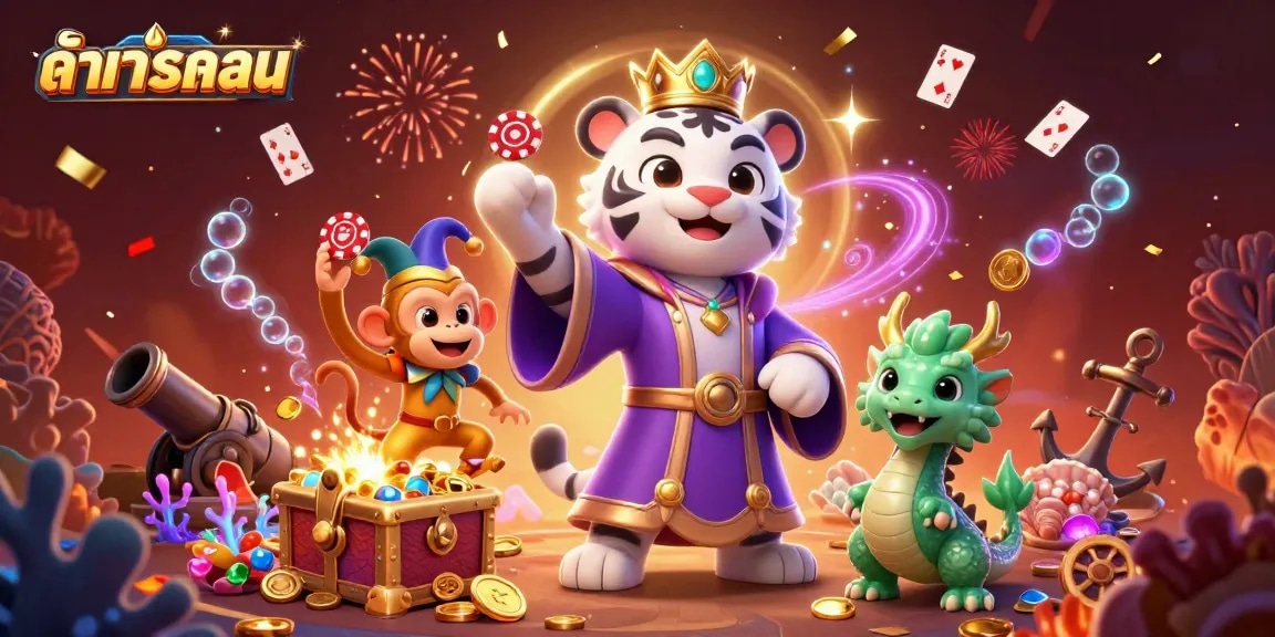 การแสดงผลเกมคาสิโนในบรรยากาศที่สดใส มีเสือและลิงกำลังเดิมพันหนังสือการ์ด