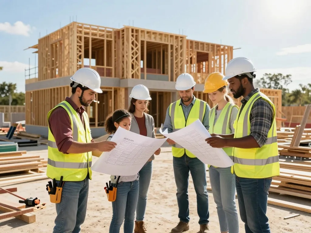 Contractors at patco.com collaborating on a residential construction project, showcasing teamwork and professionalism.