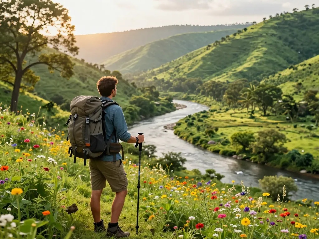 Dandeli travel adventure with a hiker overlooking Kali River and lush landscapes.