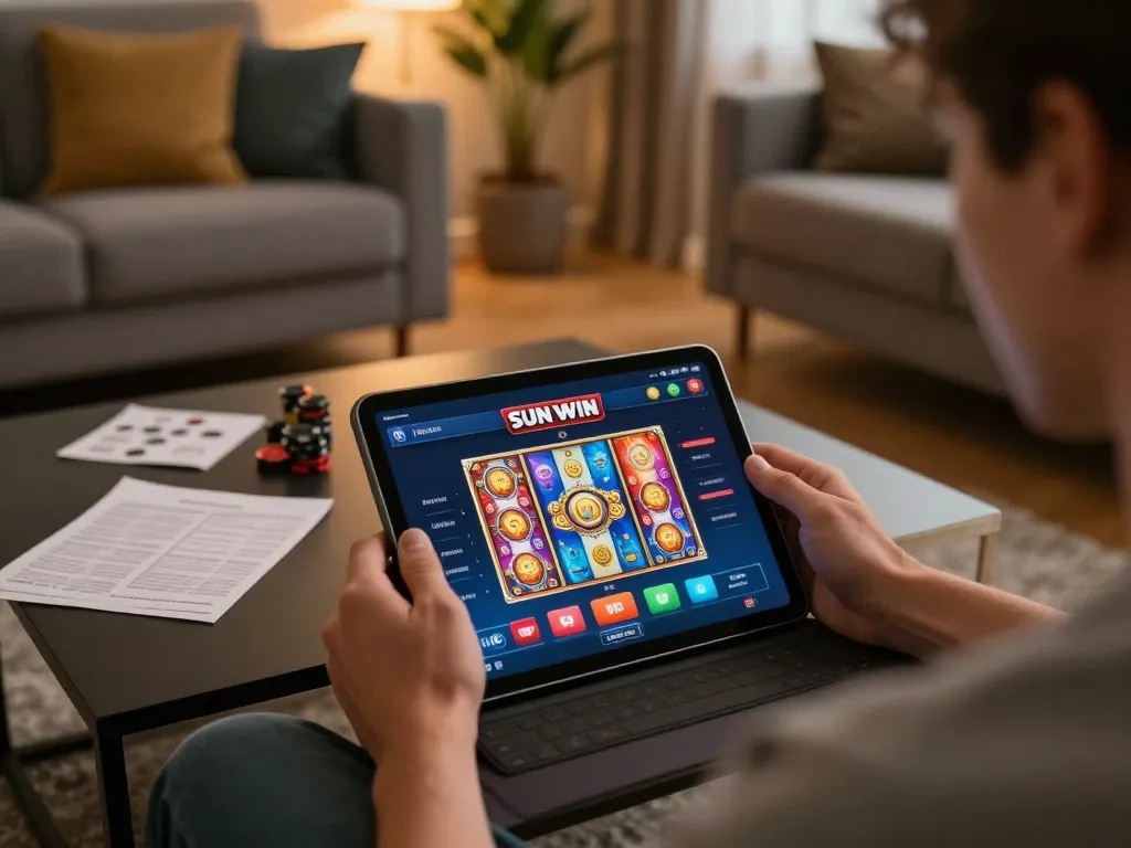 SUN WIN online gaming scene with a player engaging in slots on a tablet in a cozy home setting.
