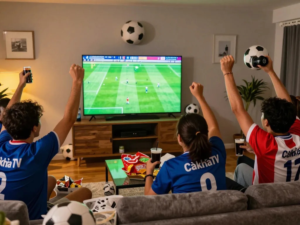 Fans enjoying a live football match at home, wearing CàkhịaTV merchandise, capturing the excitement of the moment.