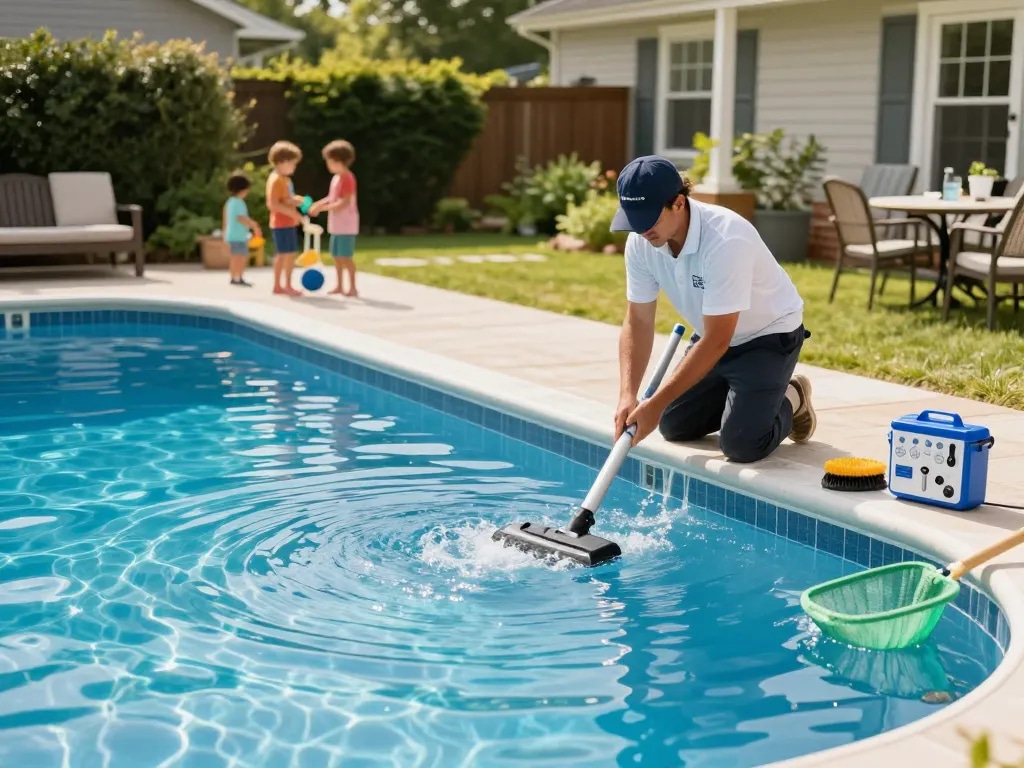 Dolphin Pool Services pool technician performing maintenance in a sunny Virginia backyard with vibrant surroundings.