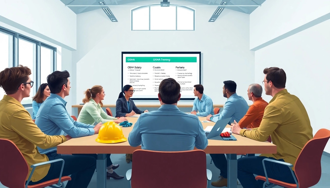 Engaged participants in OSHA training carolinas discussing safety protocols in a modern classroom.