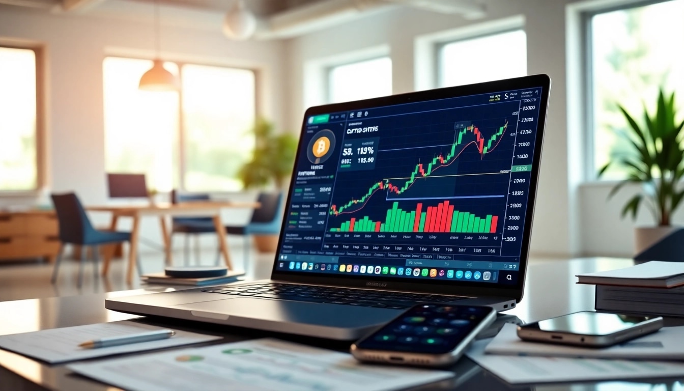 Acheter bitcoin en toute sécurité grâce à un trader utilisant un ordinateur portable dans un bureau moderne.