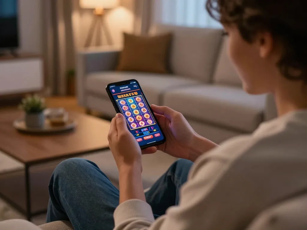 Engaged player enjoying BUKA77 online slots on smartphone in a cozy living room.