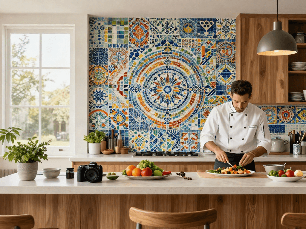 Mosaic tiles Sydney beautifully displayed in a modern kitchen with fresh ingredients and a home chef.