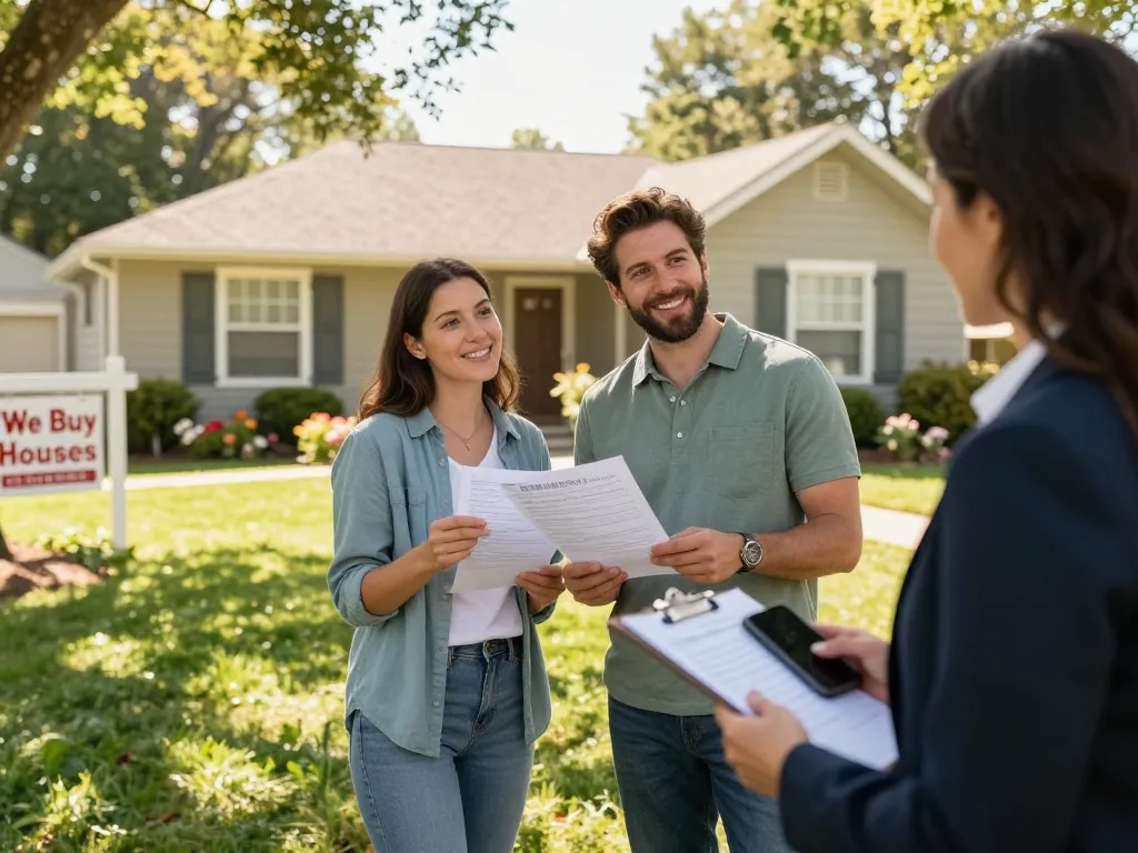 Couple discussing home-selling options with an agent, showcasing we buy houses service.