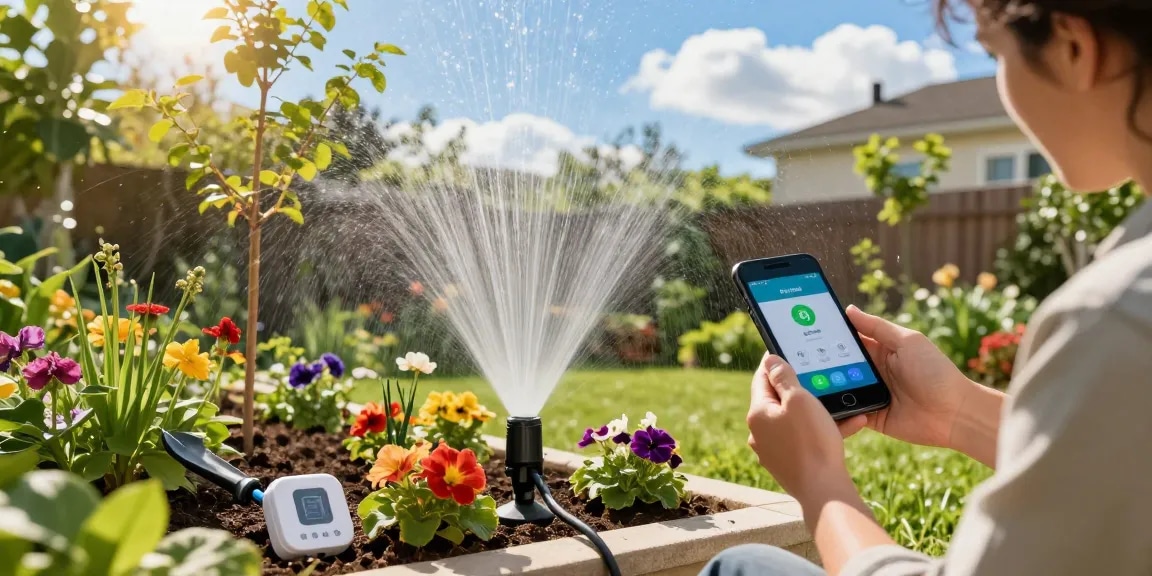 Gardener using a wifi sprinkler controller to maintain vibrant flower beds and trees.