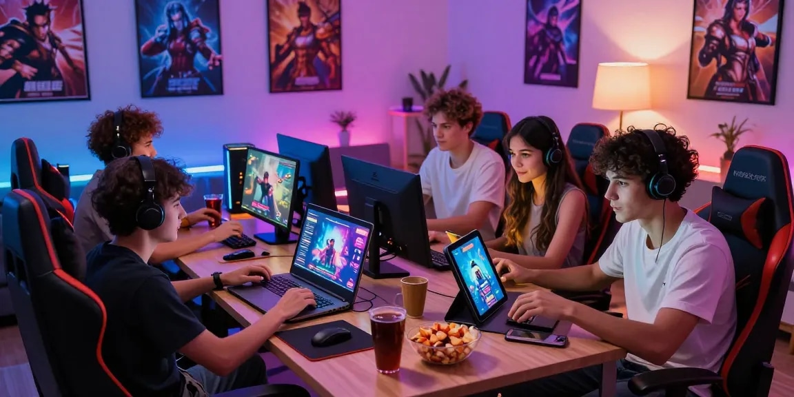Engaging multiplayer scene with friends playing free porn games on devices, colorful gaming room atmosphere.