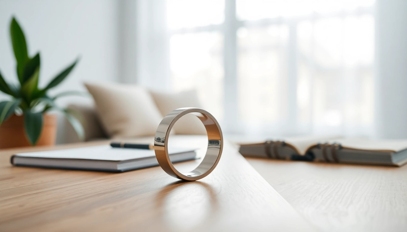 Experience the benefits of the Smart Health Ring, elegantly displayed with detailed features in a serene setting.