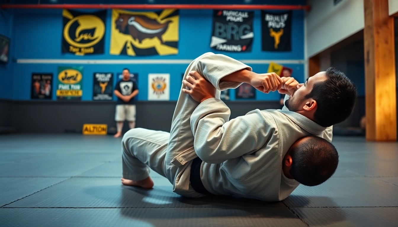 Martial artist demonstrates technique as a BJJ Brand practitioner in vibrant training setting.