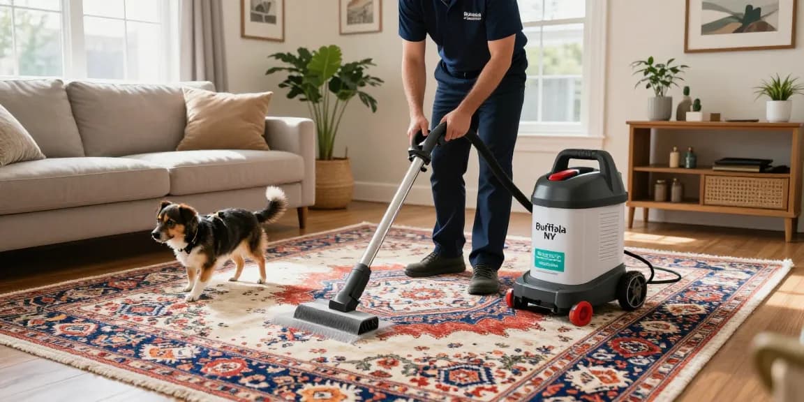 Expert rug cleaning buffalo ny with a professional cleaner applying eco-friendly solutions in a well-lit living room.
