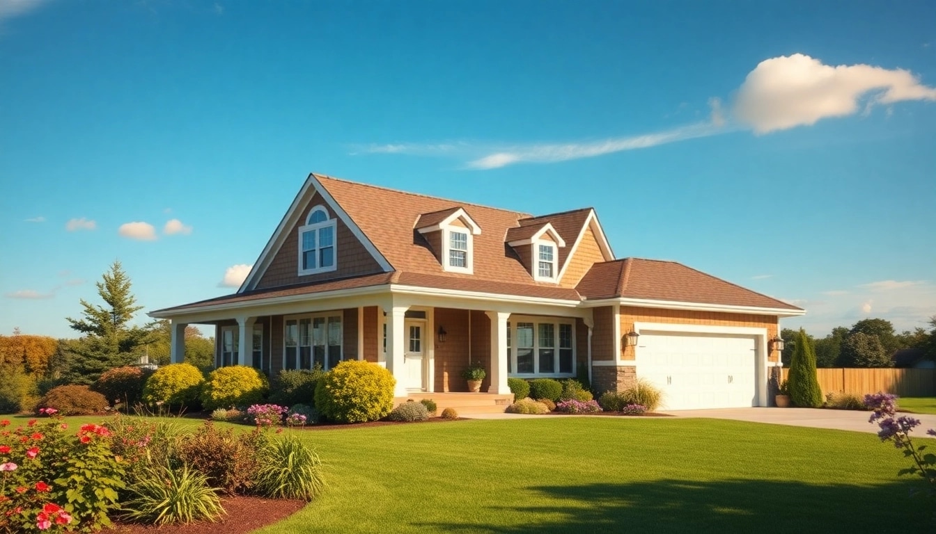 View of a charming cape cod home with a large attached garage amidst a beautiful landscape.