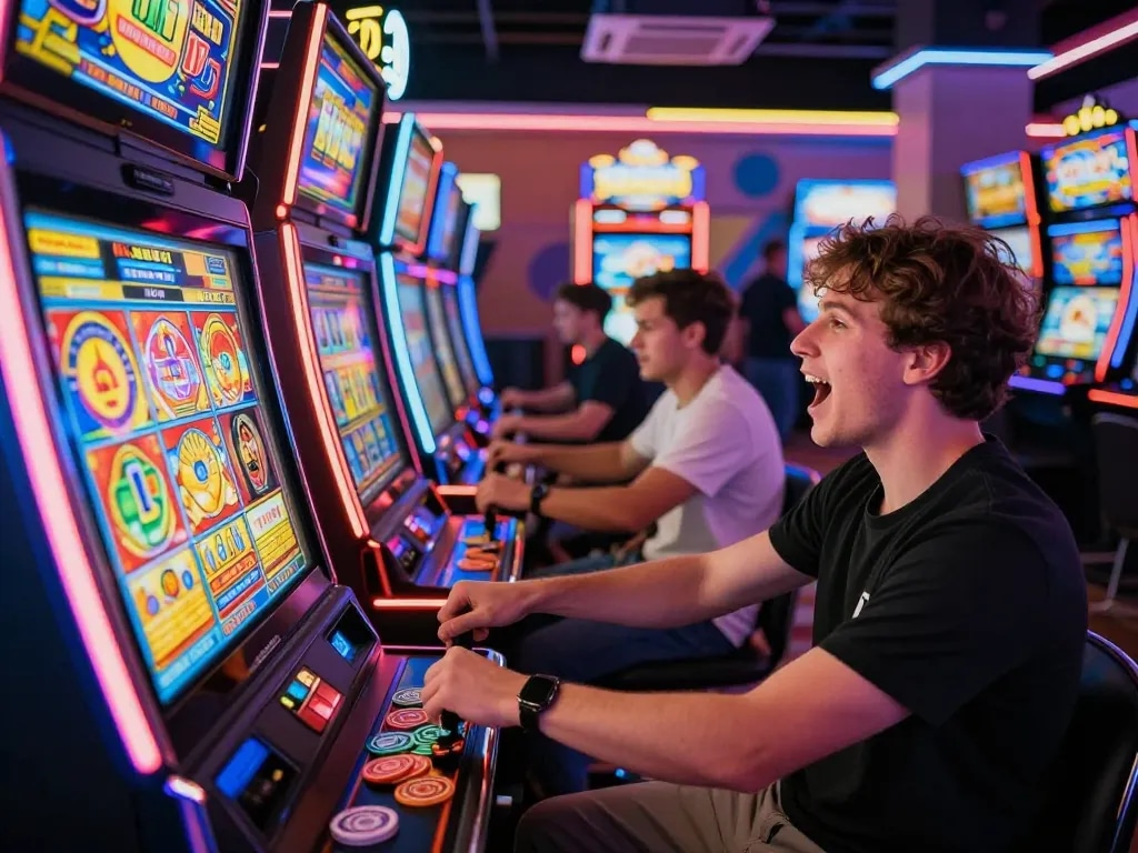Pengalaman judi yang menarik di arcade mesin slot laoban188 dengan pencahayaan yang cerah dan pemain yang antusias.