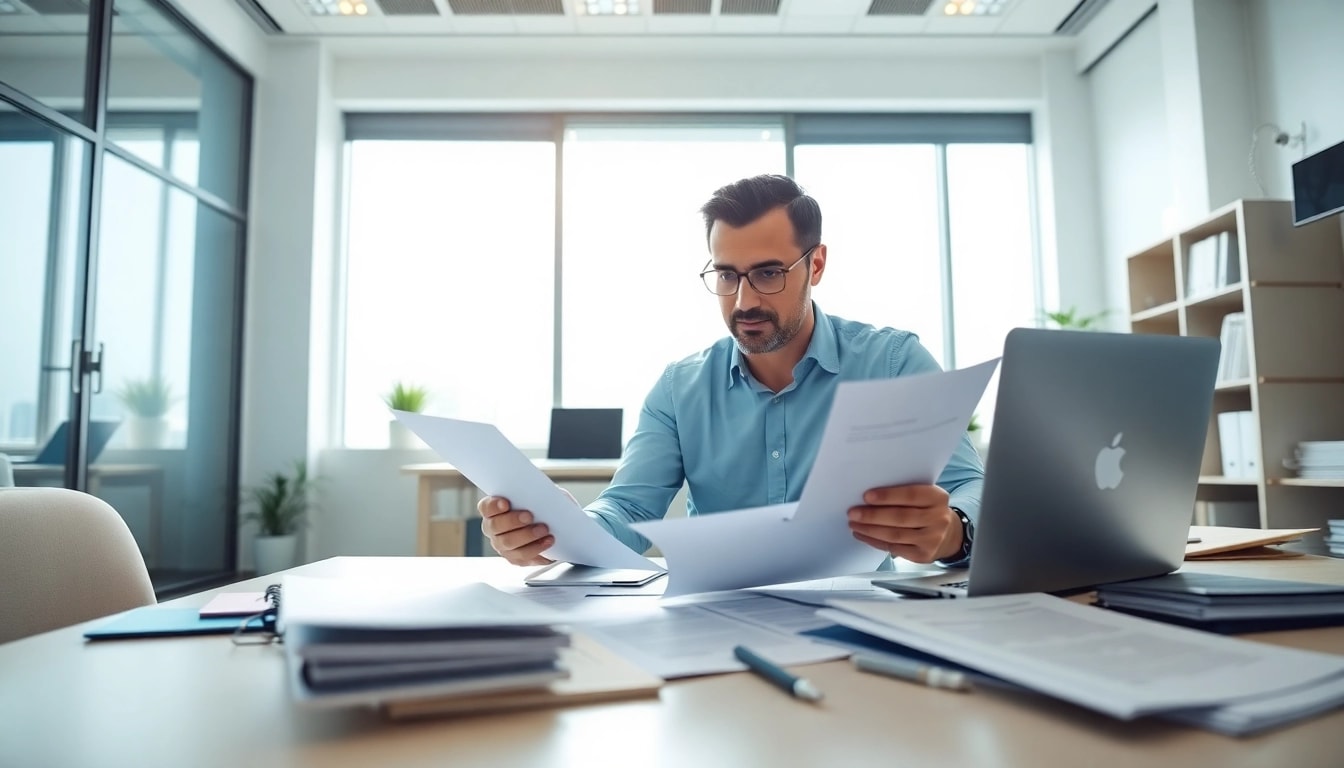 Reviewing registration and certification in Federal databases for federal contracts, showing detailed documents and a professional workspace.