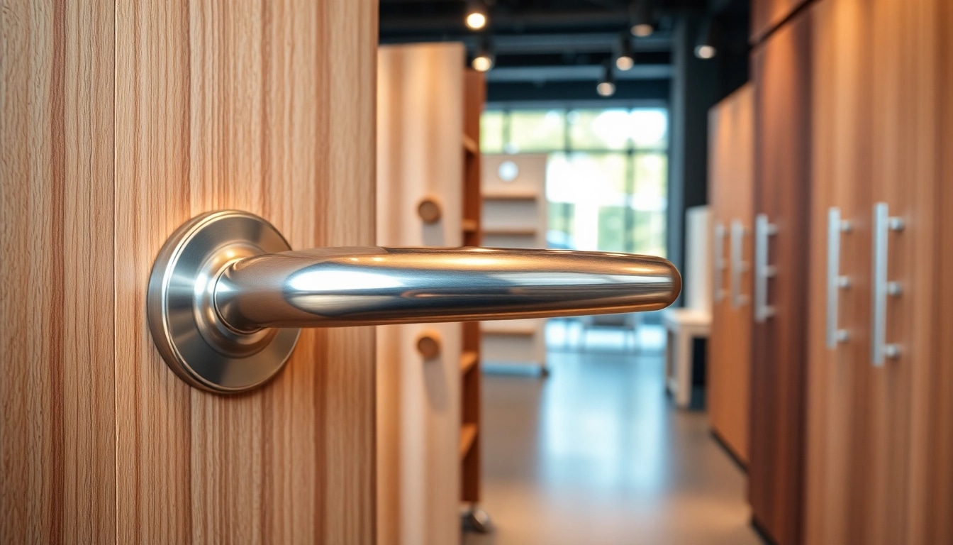 View of elegant door handles highlighting top Door Handle Suppliers in a sleek showroom environment.
