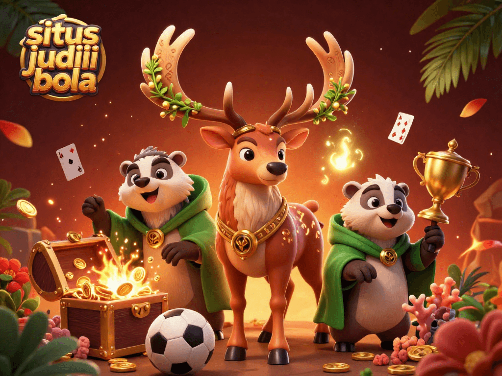 Situs judi bola sports betting scene with Celtic druid stag, badger, and dynamic elements.