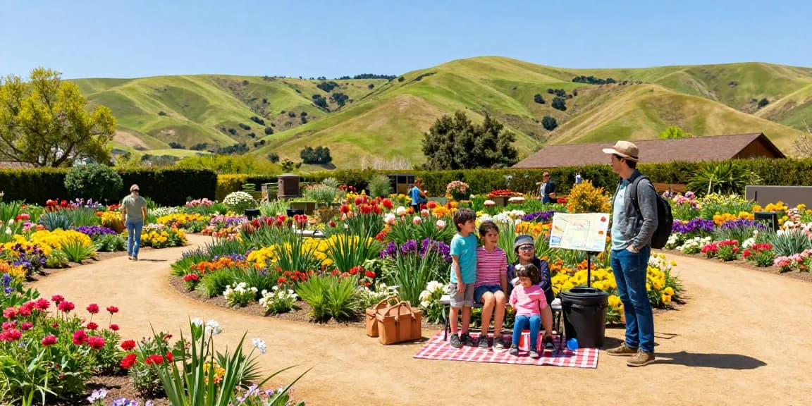 Family enjoying the vibrant Capay Valley Garden Tour at https://www.thecapayvalleygardentour.com surrounded by colorful flowers and lush greenery.