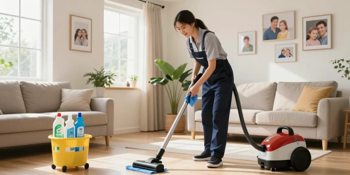 Home cleaning service in action, click here to see a professional cleaner transforming the living room.