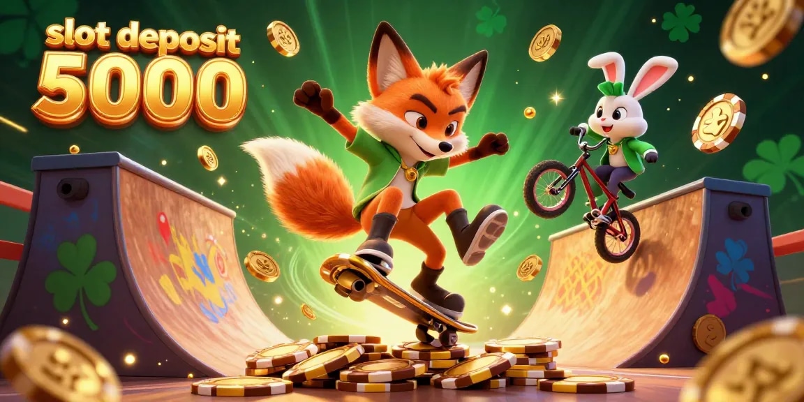 Experience fun with slot deposit 5000 in this vibrant, dynamic 3D casino illustration featuring energetic characters.