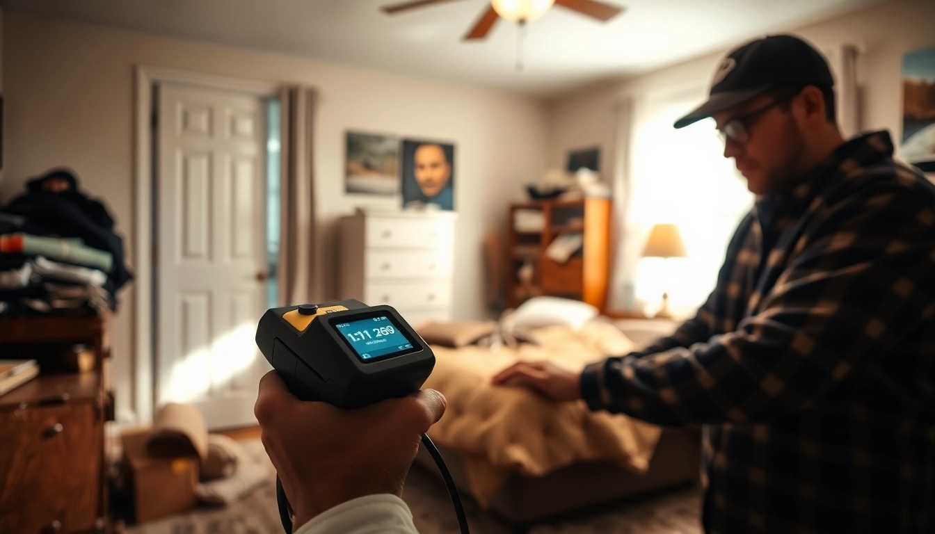 Bed bug exterminator inspecting a room while using advanced detection equipment.